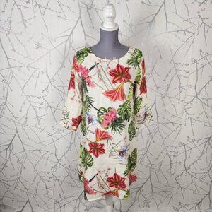 Allegra Masetti Tropical Floral Print 100% Linen Round Neck Dress